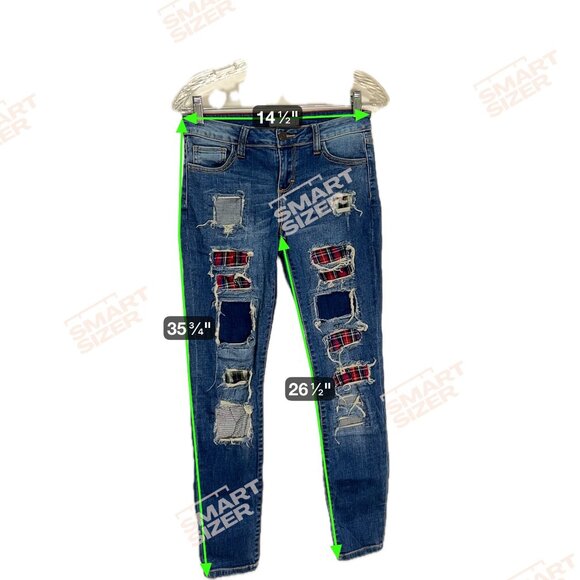 Distressed Plaid Patch Skinny Jeans By Cello Denim Trendsetter Street Style - Picture 3 of 10